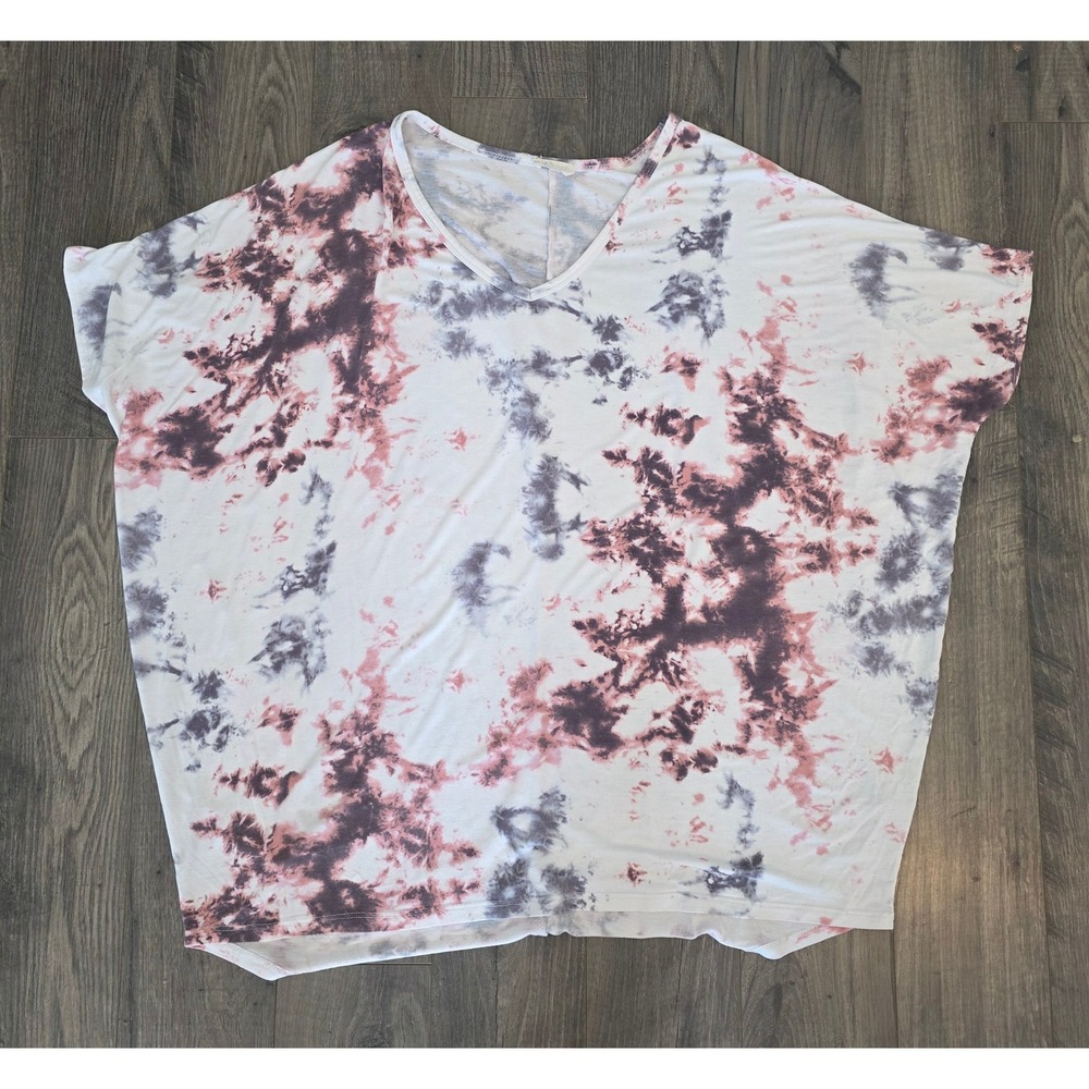 Women's sz XL Tie Dye V-Neck Oversized Tunic‎ Top Mauve Gray White  Weekend Boho